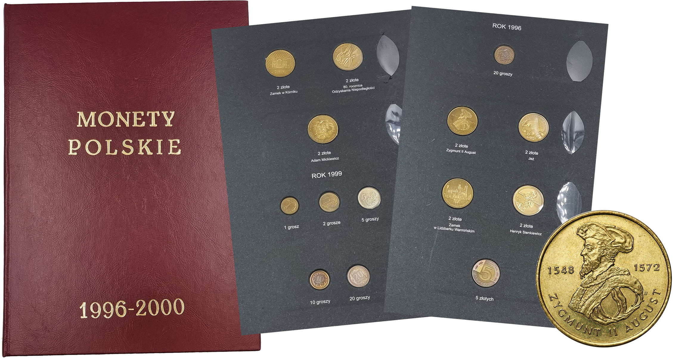 Monety Polskie 1996-2000 w klaserze, 52 sztuk z 2 złote Zygmunt August